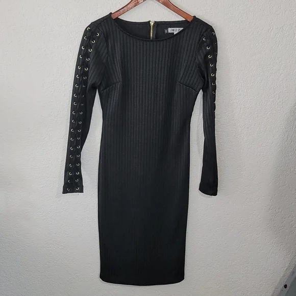 Jennifer Lopez | Dresses | Jennifer Lopez Black Long Sleeve Wlace Up Ribbed  Bodycon Dress Sz 4 | Poshmark